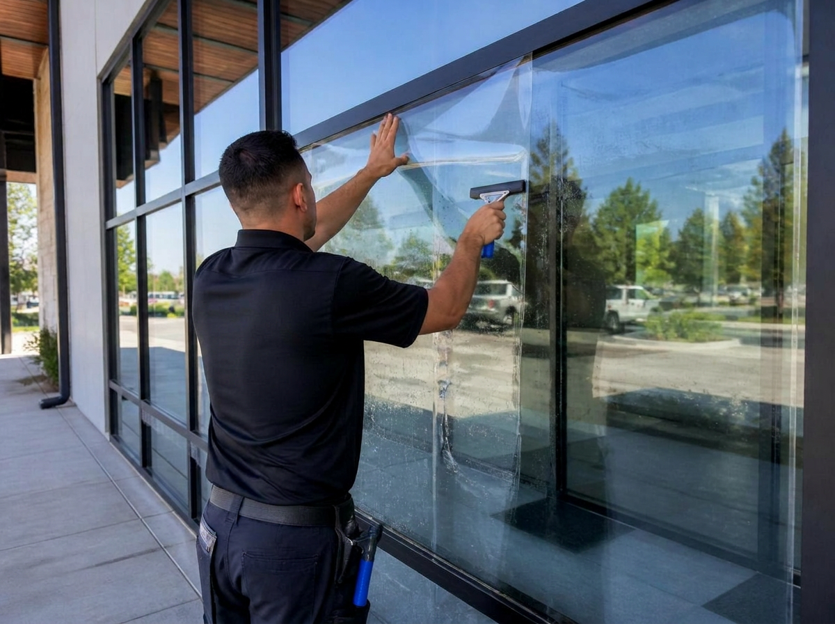Installer applying window film to a commercial storefront