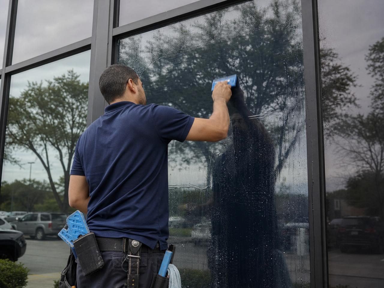 Installer applying window film to a commercial storefront
